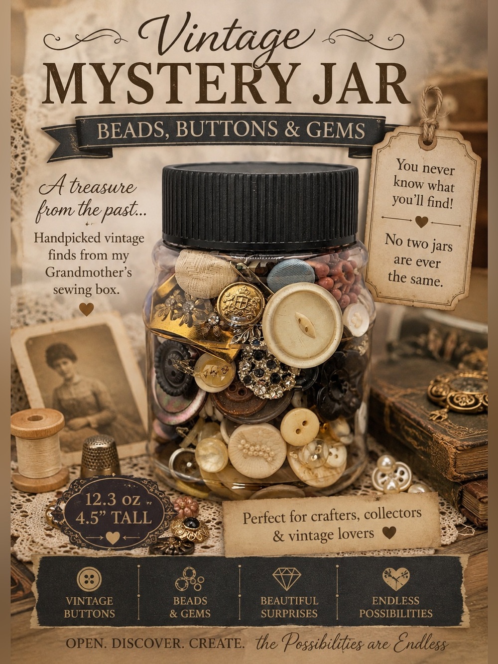 Vintage Buttons Beads & Gems Mystery Jar 🏺 12.3 oz 4.5”tall